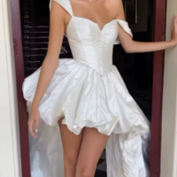 A Line Straps High Low Pleated White Prom Dress Wedding Dress - Thumbnail 1