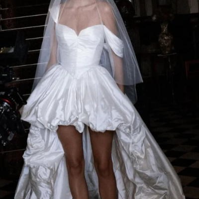 A line straps high low pleated white prom dress wedding dress