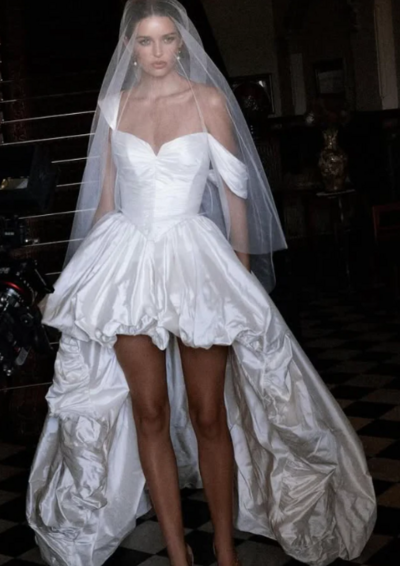 A Line Straps High Low Pleated White Prom Dress Wedding Dress
