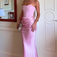 Sheath Strapless Corset Pink Satin Long Prom Dress Formal Evening Dress - Thumbnail 1
