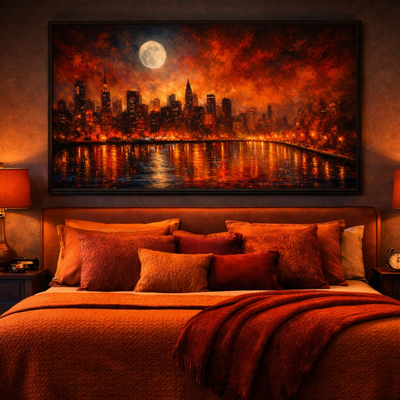 Vibrant orange red night city skyline art print 36x24 unframed