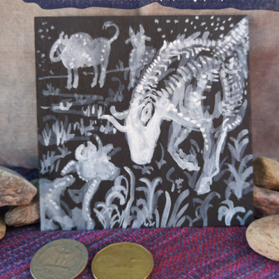 "darker than a black steer's tokus" by arby k 4x4 ooak basswood painting