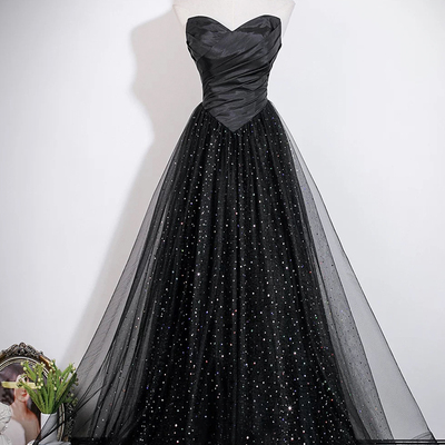 Black tulle long a-line prom party dress