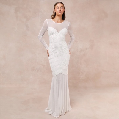 Lulu’s white mesh ruched long sleeve wedding dress gown