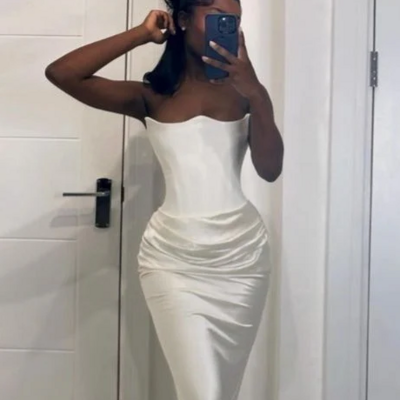 Vintage strapless ruched mermaid white satin prom dresses