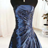 Strapless Royal Blue Satin Ruffles Prom Long Evening Gown with Beaded - Thumbnail 1
