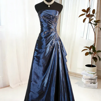 Strapless royal blue satin ruffles prom long evening gown with beaded