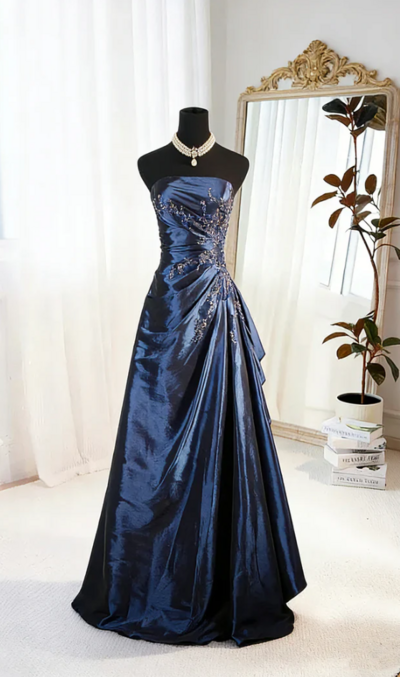 Strapless Royal Blue Satin Ruffles Prom Long Evening Gown with Beaded