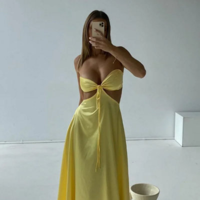 Simple a-line strapless yellow satin long prom dress formal evening dress