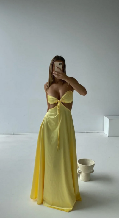 Simple A-Line Strapless Yellow Satin Long Prom Dress Formal Evening Dress