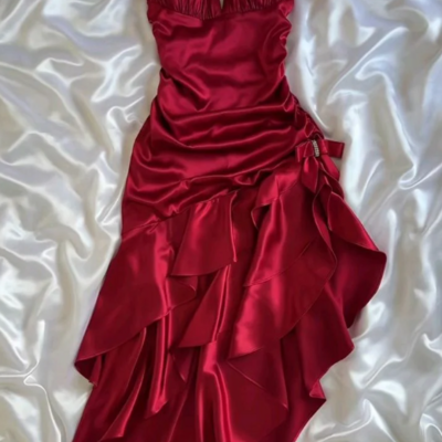 Vintage halter neck red satin long evening dress birthday dresses
