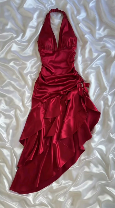 Vintage Halter Neck Red Satin Long Evening Dress Birthday Dresses
