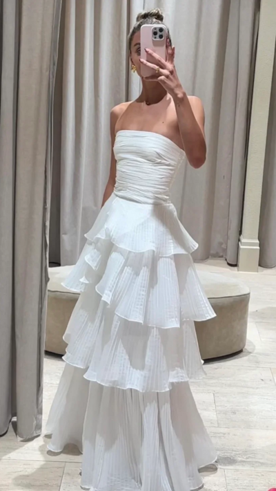 A-Line Strapless Layers Long Prom Dress Formal Evening Dress