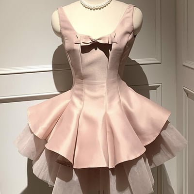Dreamy pink satin bow mini dress - tulle layered party cocktail dress