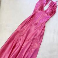 Chic Spaghetti Straps VNeck Pink Satin Prom Dresses Long Evening Dresses  - Thumbnail 1