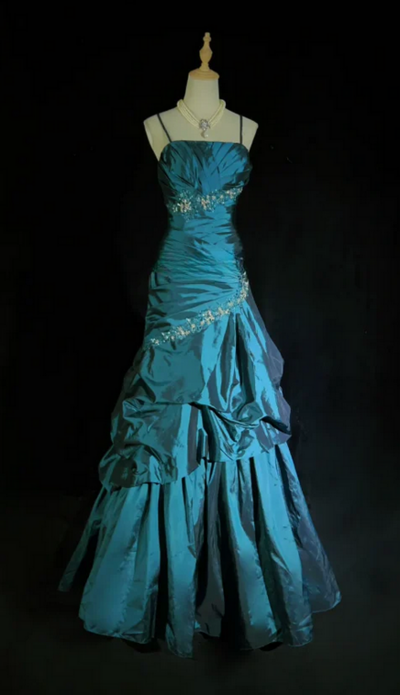 Spaghetti Straps Floor-Length Sleeveless Taffeta Prom Dresses with Lace