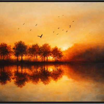 Golden orange sunset lake reflection art print