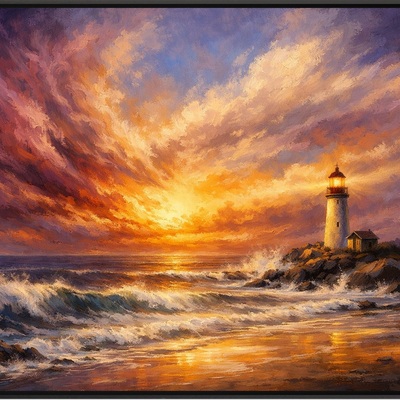 Radiant orange and purple lighthouse sunset art print