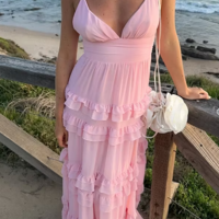 Spaghetti Strap V-Neck Pink Sleeveless Long Prom Dress With Ruffles - Thumbnail 2