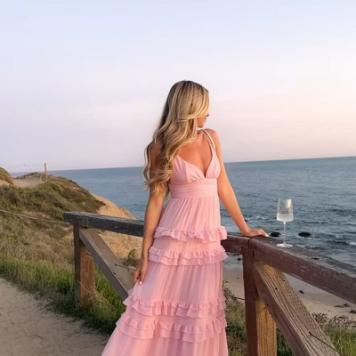 Spaghetti strap v-neck pink sleeveless long prom dress with ruffles