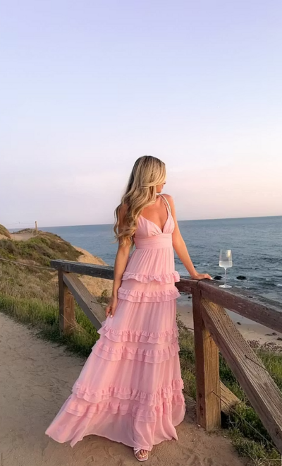 Spaghetti Strap V-Neck Pink Sleeveless Long Prom Dress With Ruffles