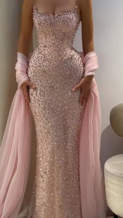 Strapless Sheath High Waist Long Prom Dress Formal Evening Dress With Rhinstone 