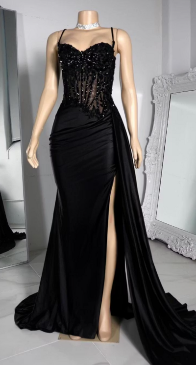 Spaghetti Strap Sleeveless Black Pleated Split Prom Dress With Beading