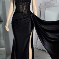 Spaghetti Strap Sleeveless Black Pleated Split Prom Dress With Beading - Thumbnail 1