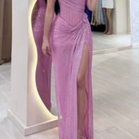 Elegant Strapless Pink Sequin Split Long Prom Dress Formal Evening Gown - Thumbnail 1