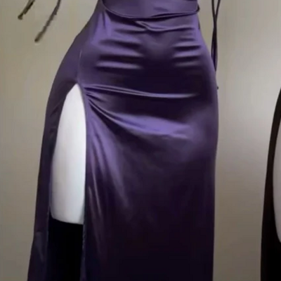 Spaghetti straps sheath purple satin long party dresses evening dresses
