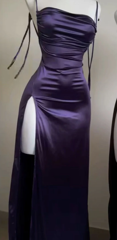 Spaghetti Straps Sheath Purple Satin Long Party Dresses Evening Dresses