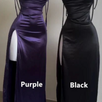 Spaghetti Straps Sheath Purple Satin Long Party Dresses Evening Dresses - Thumbnail 1