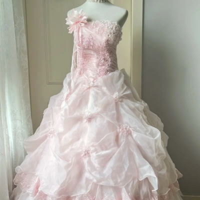 Pretty strapless pink stain prom dresses ball gown party dresses