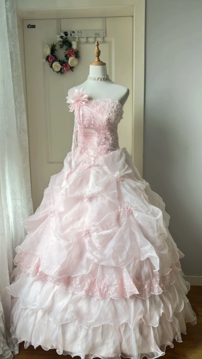 Pretty Strapless Pink Stain Prom Dresses Ball Gown Party Dresses