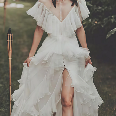 Vintage a line ruffle front slit wedding dresses