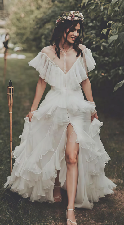 Vintage A Line Ruffle Front Slit Wedding Dresses
