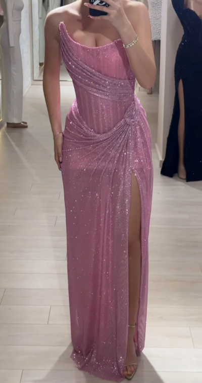 Elegant Strapless Pink Sequin Split Long Prom Dress Formal Evening Gown