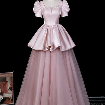 Pink satin tulle ball gown with puff sleeves
