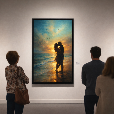 Sunset beach art print romantic couple