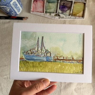 Original 5x7 inch matted painting “shrimp boat”