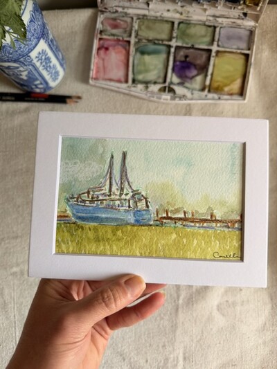 ORIGINAL 5x7 inch matted painting “Shrimp Boat”