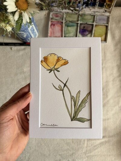 ORIGINAL 5x7 inch matted painting “Yellow Poppy”