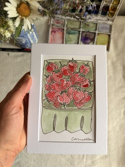 ORIGINAL 5x7 inch matted painting “Strawberry Jam”