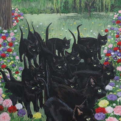 Sixteen black cats, original acrylic painting by n.e.thompson, artwork size 18x24 inches
