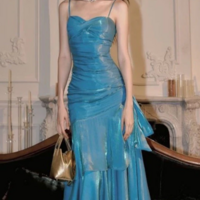 Fashion Spaghetti Straps Blue Ruffle Long Prom Dresses Evening Dress - Thumbnail 1