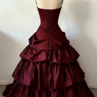 Elegant Strapless A Line Wine Red Tiered Long Formal Prom Dress - Thumbnail 1