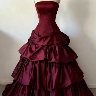 Elegant strapless a line wine red tiered long formal prom dress