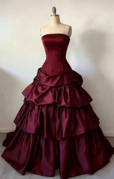 Elegant Strapless A Line Wine Red Tiered Long Formal Prom Dress