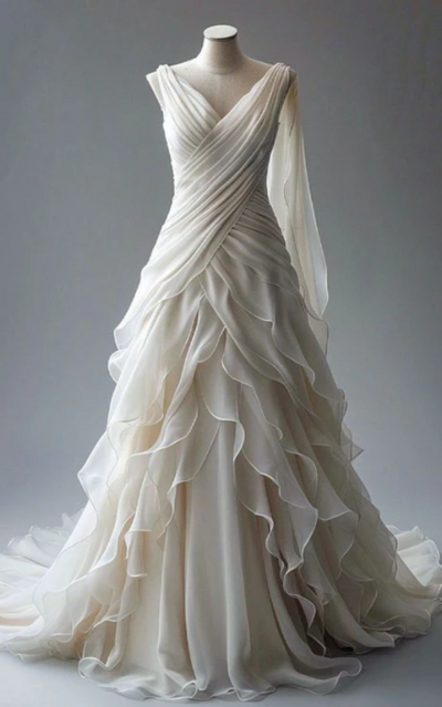 Princess V Neckline Pleats Chiffon Mermaid Wedding Dresses