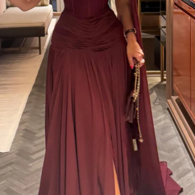 Classy burgundy chiffon slit prom dress birthday evening dress